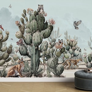 Desert Landscape Wallpaper | Peel and Stick | Cacti and Desert Trees with Animals | Caracal Wallpaper | Cool Wall Mural | Wall Decore