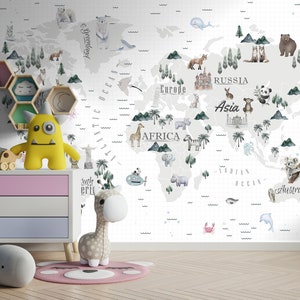 Wallpaper Weltkarte für Kinder | Schälen und Aufkleben | Abnehmbar | Tiere mit Ländern | Kinderzimmer Tapete | Kinderzimmer Tapete | Wanddeko