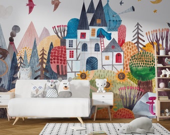 Watercolor Castle Wallpaper: Fairytale Nursery Wall Mural (Peel and Stick)