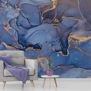 Dark Blue Marble Mural | Gilded Luxury Wallpaper |  Marble Wallpaper | Art Deco Wallpaper | Ceiling Wallpaper | Abstract Wallpaper