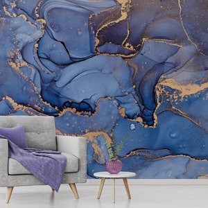 Murale in marmo blu scuro / Carta da parati di lusso dorata / Carta da parati in marmo / Carta da parati Art Déco / Carta da parati per soffitto / Carta da parati astratta