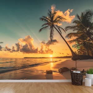 Tramonto sulla spiaggia / Murale da parete sulla spiaggia con alberi tropicali / Stacca e incolla / Decorazione da parete / Carta da parati oceano / Carta da parati tramonto / Murale retrò