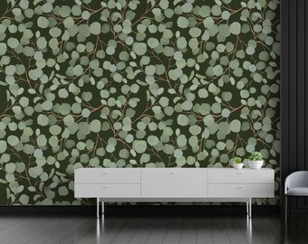 Dark Green Eucalyptus Wallpaper: Peel and Stick Botanical Wall Mural