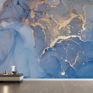 Murale in marmo blu / Decorazione murale astratta / Stacca e incolla / Carta da parati Art Déco / Carta da parati per soffitto / Carta da parati rimovibile / Arte da parete blu