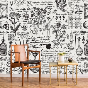 Medicine Themed Wallpaper | Medicine Herbal Wallpaper | Mystic Symbols | Peel and Stick | Removable | Apothecary Wallpaper | Retro Wallpaper