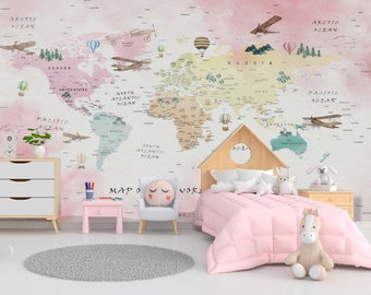 Carta da parati con mappa del mondo: murale staccabile e attaccabile per la cameretta dei bambini