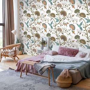 Vintage Floral Hummingbird Wallpaper - Peel and Stick