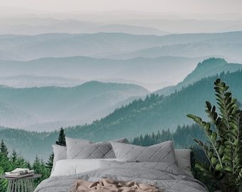 Peel and Stick Mountain Forest Wallpaper Mural: Scenic Wall Decor