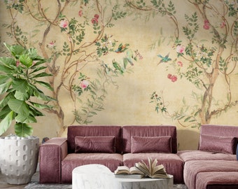 Chinoiserie Garden Mural: Vintage botanisk skalbar tapet