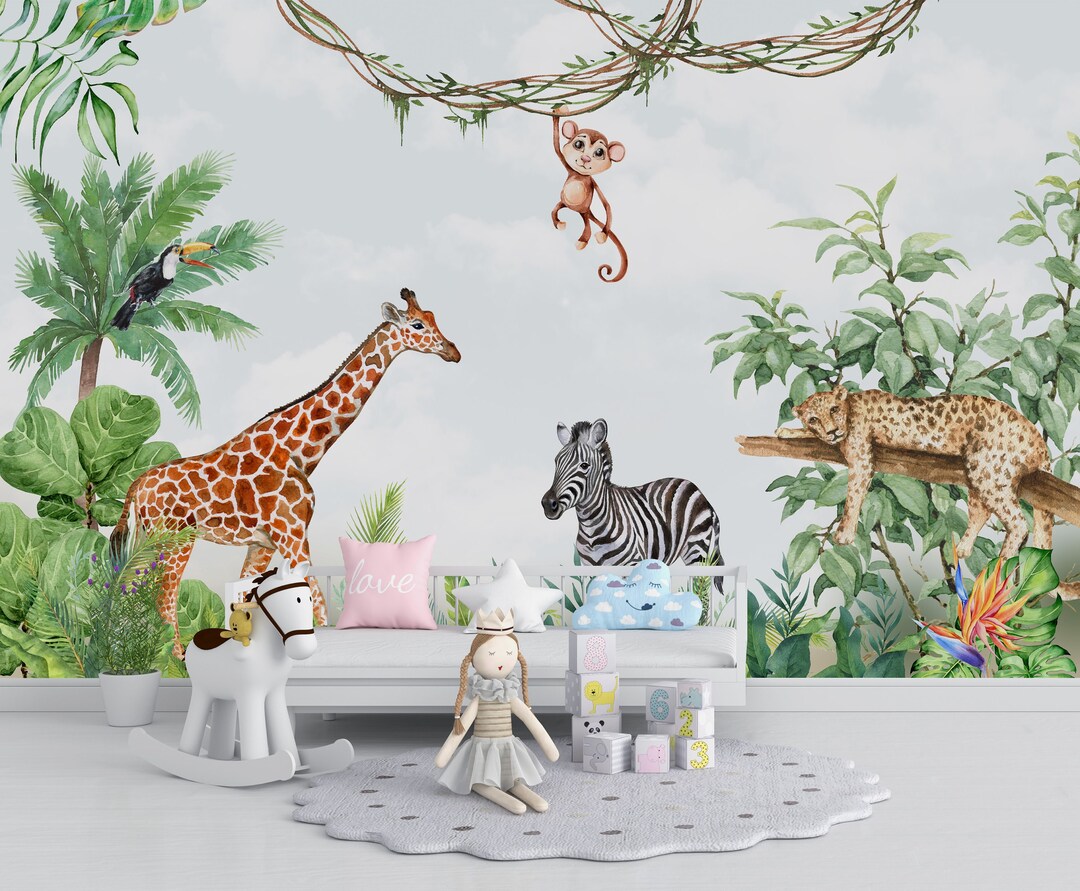 Exotic Jungle Animals Wallpaper: Peel and Stick Nursery Wall Mural - Etsy
