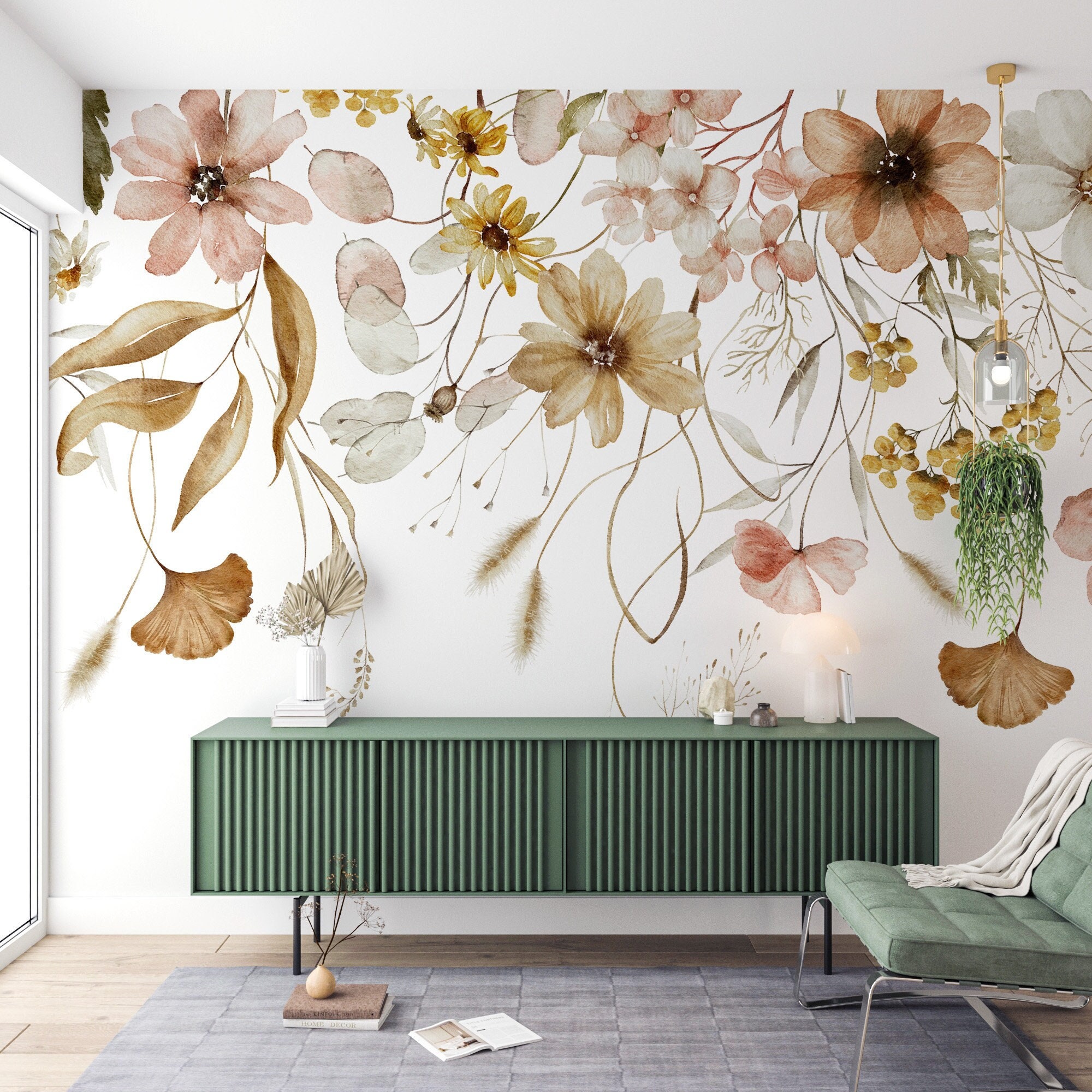 Watercolor Floral Wallpaper: Autumn Wildflower Peel and Stick Mural - Etsy