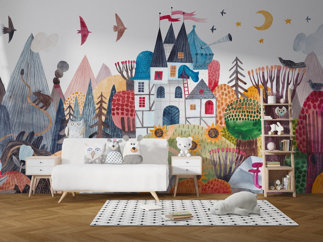 Watercolor Castle Wallpaper: Fairytale Nursery Wall Mural (peel and ...
