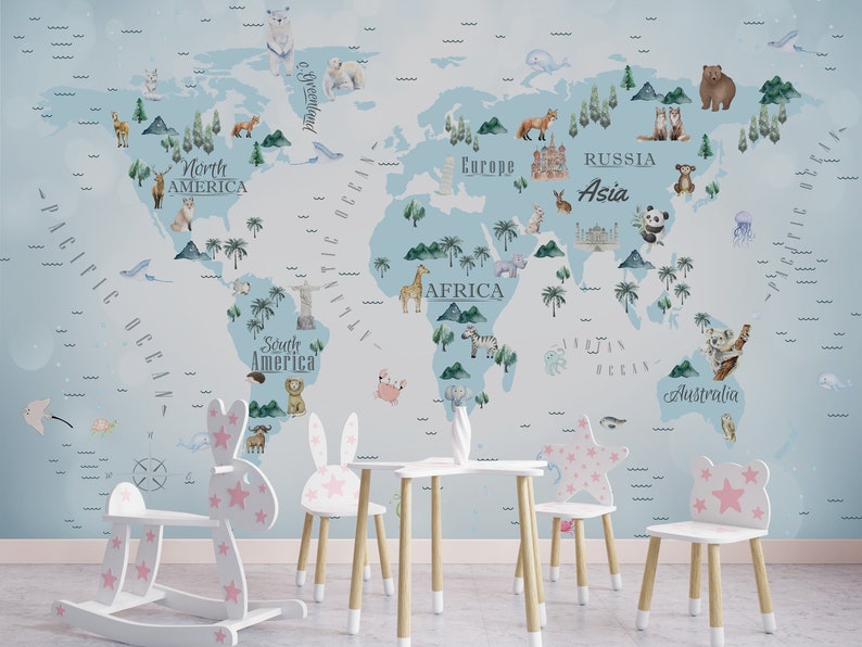 Kids World Map Wallpaper: Peel and Stick Nursery Wall Mural - Etsy