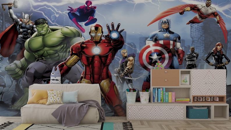 Marvel Superhero Wallpaper | Peel and Stick Kids Mural - Etsy