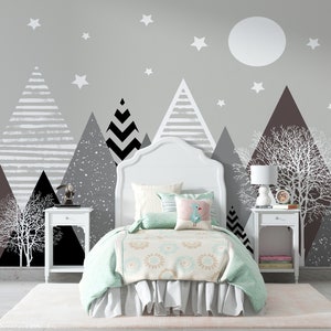 Kid Wallpaper | Mountains with Starry Sky | Peel and Stick | Nursery Wallpaper | Kid Wall Mural | Nursery Mural | Children Room Wallpaper