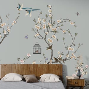 Chinoiserie Bird Wallpaper | Landscape Wallpaper | Floral Bird Wallpaper | Vintage Chinoiserie Mural | Branch Wallpaper | Wall Decor