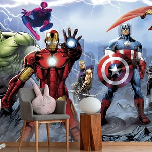 Superhero Wallpaper | Peel and Stick | Superheroes Mural | Marvel Wallpaper | Nursery Wallpaper | Kid Wallpaper | Spiderman, Iron Man, Hulk