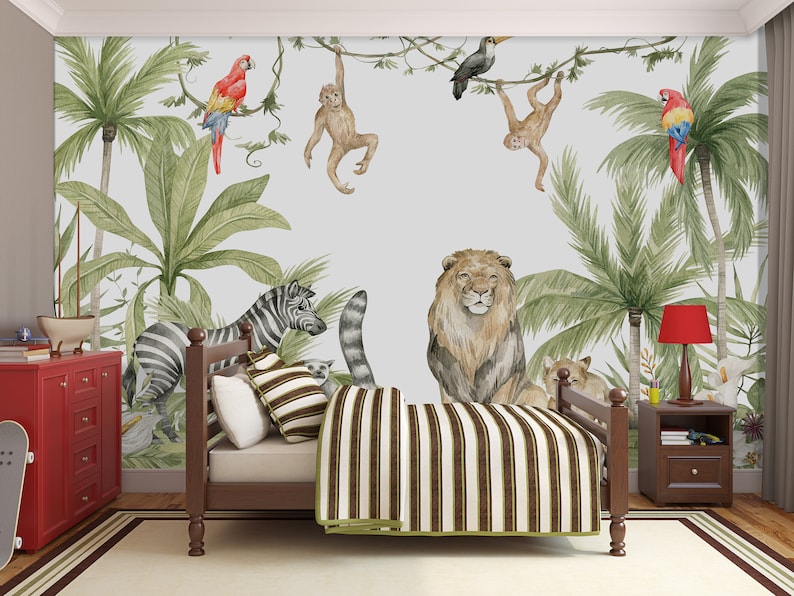 Jungle Animals Wallpaper: Tropical Nursery Peel and Stick Wallpaper - Etsy