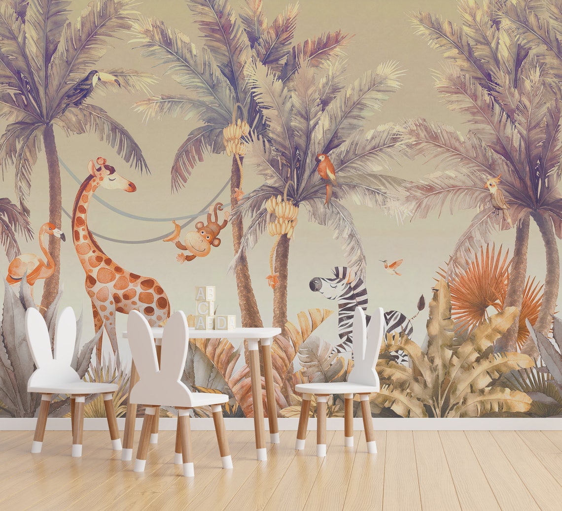 Safari Animals Peel and Stick Wallpaper: Tropical Jungle Mural - Etsy
