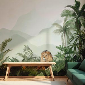 Peel and Stick Jungle Wallpaper: Lion, Exotic Botanical Mural