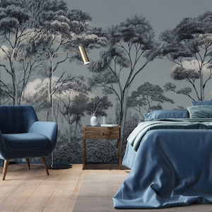 Murale blu cielo con alberi vintage / Carta da parati paesaggistica / Stacca e incolla / Carta da parati Art Deco / Carta da parati per soggiorno / Decorazione da parete