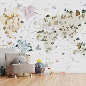 Kind Weltkarte |  Weltkarte Wallpaper | Schälen und Aufkleben | Abnehmbar | Kinderzimmer Tapete | Kinderzimmer Tapete | Wandbild | Weltkarte Dekor