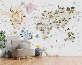 Carta da parati con mappa del mondo per bambini: decorazioni per la cameretta dei bambini