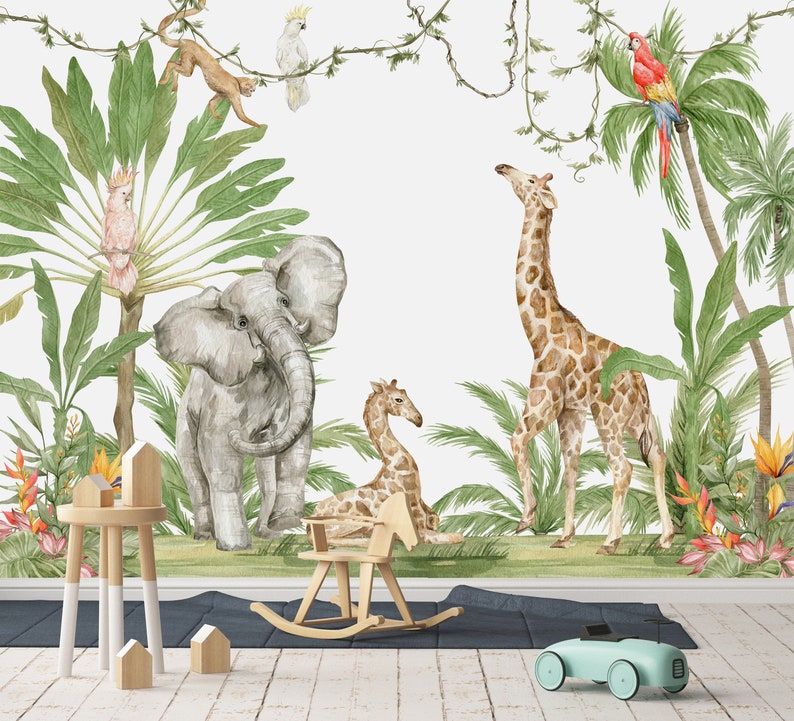 Jungle Nursery Wallpaper: Exotic Animals, Peel and Stick Wall Mural - Etsy