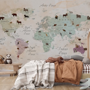 Behang kinderwereldkaart | Schil en plak | Muurschildering wereldkaart | Kinderkamerbehang | Kinderkamerdecoratie | Trendy behang | Wereldkaartdecoratie