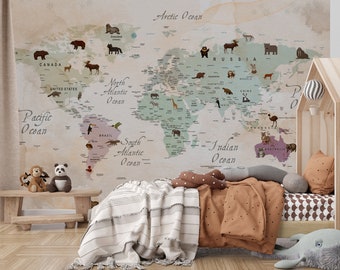 Carta da parati con mappa del mondo animale: decorazione per la cameretta dei bambini