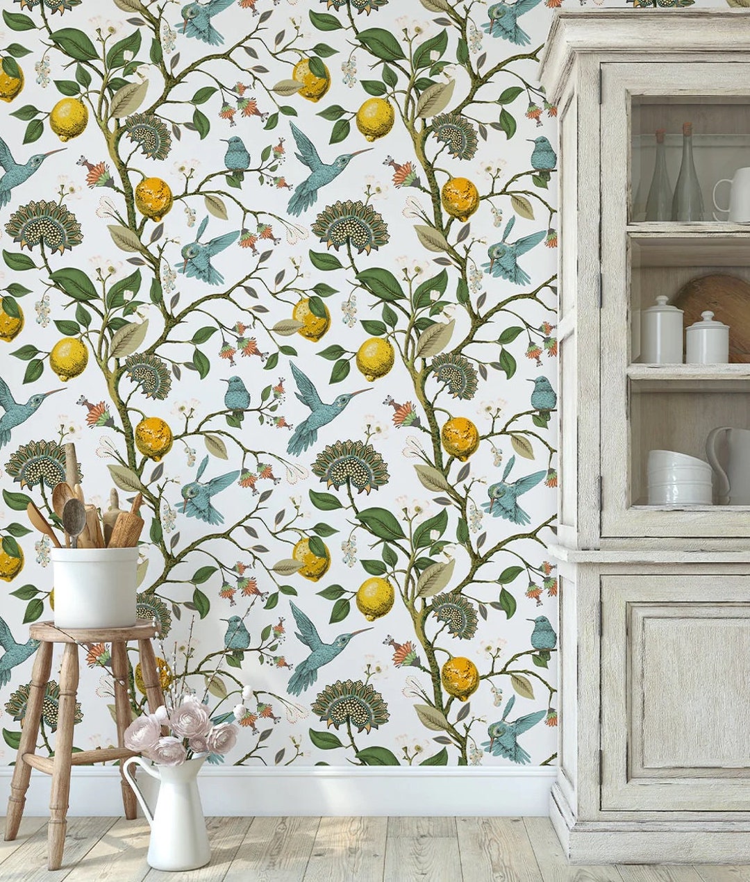 Hummingbird and Lemon Branch Wallpaper Peel and Stick Art Deco