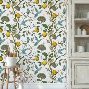 Carta da parati con colibrì e rami di limone / Peel and Stick / Carta da parati Art Deco / Murale in stile vintage / Decorazione della parete / Carta da parati di agrumi