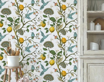 Hummingbird and Lemon Branch Wallpaper | Peel and Stick | Art Deco Wallpaper |  Vintage Style Mural | Wall Decore |  Citrus Wallpaper