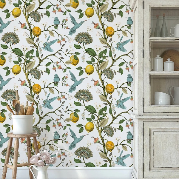 Hummingbird and Lemon Branch Wallpaper: Vintage Art Deco Peel and Stick Mural