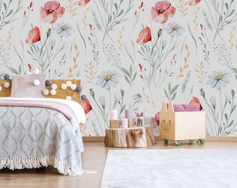 Wildflower Chamomile Removable Wallpaper: Floral Peel and Stick Wall Decor