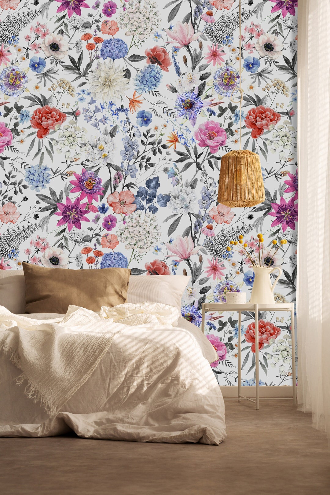 Watercolor Floral Wallpaper: Peel and Stick Botanical Mural - Etsy