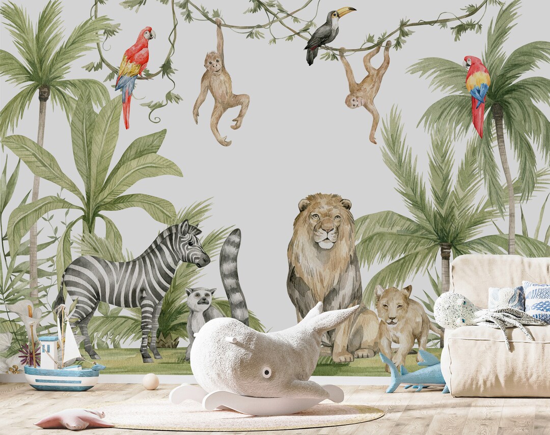 Jungle Animals Wallpaper: Tropical Nursery Peel and Stick Wallpaper - Etsy