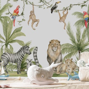 Jungle Animals Wallpaper: Tropical Nursery Peel and Stick Wallpaper