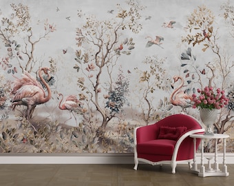 Vintage Flamingo Wallpaper: Tropical Jungle Peel and Stick Wall Mural