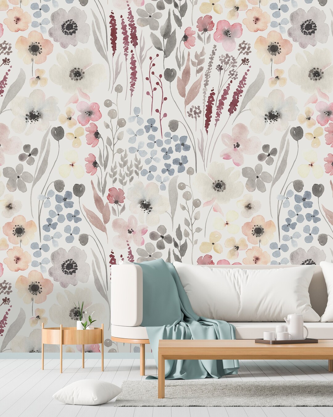 Pastel Floral Wallpaper Peel and Stick Textured Wallpaper Floral Wall