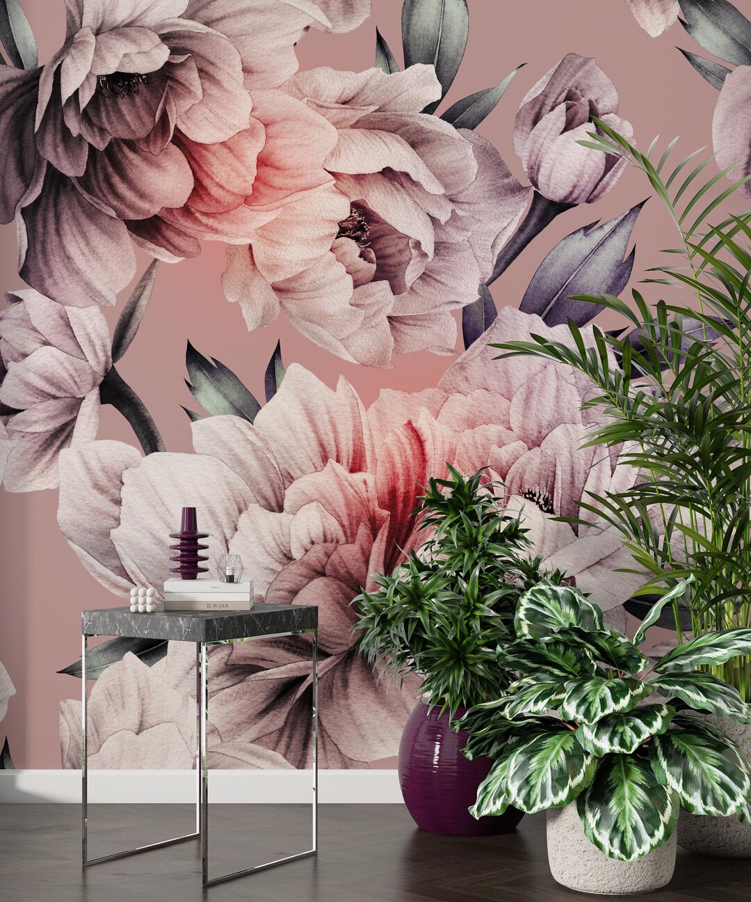 Pink Peony Wallpaper | Watercolor Floral Mural | Art Deco | Floral Peel ...