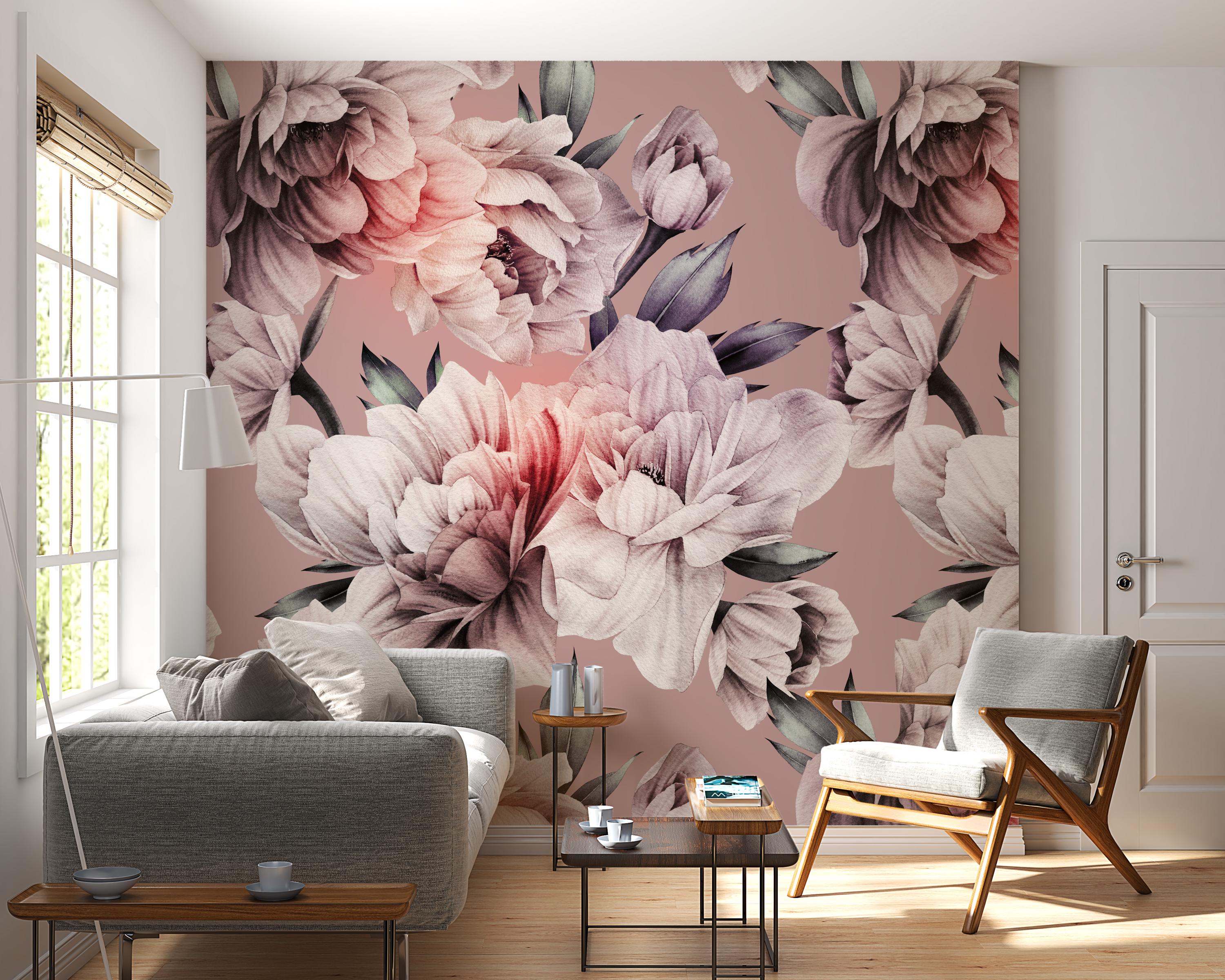 Pink Peony Wallpaper | Watercolor Floral Mural | Art Deco | Floral Peel ...