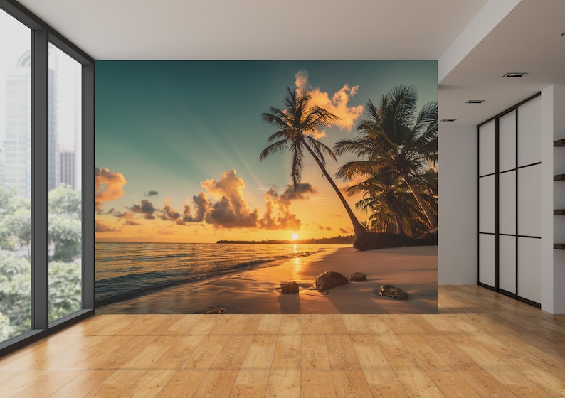 Tropical Beach Sunset Mural: Peel and Stick Ocean Wallpaper - Etsy