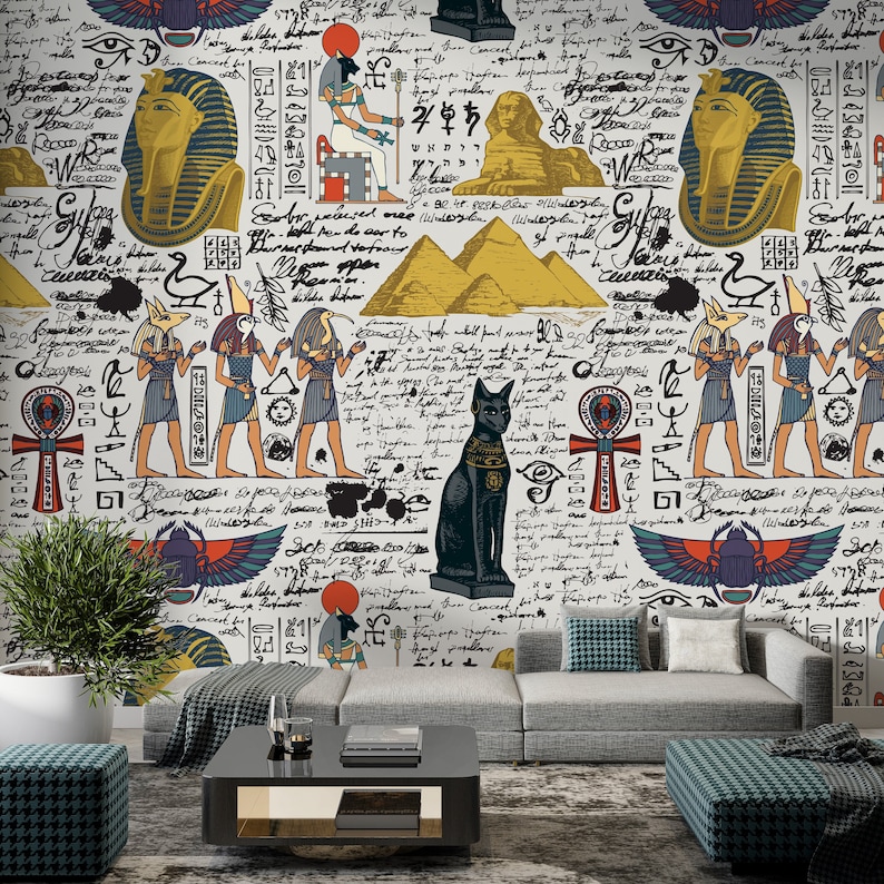 Ancient Egypt Gods Mural: Cat Sphinx Art Deco Peel and Stick Wallpaper ...