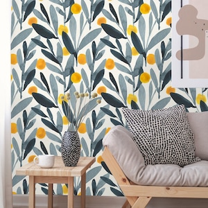 Limoni sui rami / Buccia e bastone / Carta da parati Art Deco / Carta da parati floreale / Murale botanico / Decorazione da parete / Carta da parati di agrumi