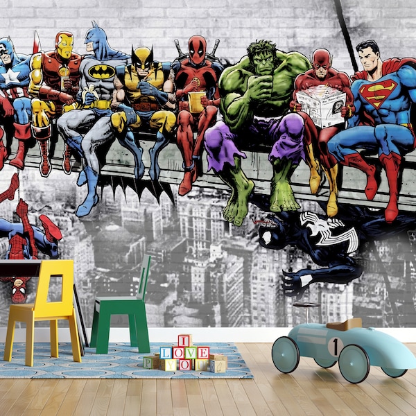 Kid Room Wallpaper | Marvel Wall Mural | Peel and Stick | Spiderman Wallpaper | Super Man Mural | Nursery Wallpaper | Marvel Wallpaper