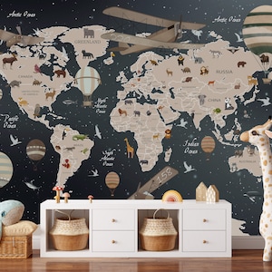 Wallpaper Weltkarte für Kinder | Schälen und Aufkleben | Abnehmbar | Weltkarte Wandbild | Kinderzimmer Tapete | Kinderzimmer Dekor | Wallpaper mit Dunkle Karte