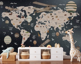 Carta da parati con mappa del mondo per bambini: decorazioni per la cameretta dei bambini