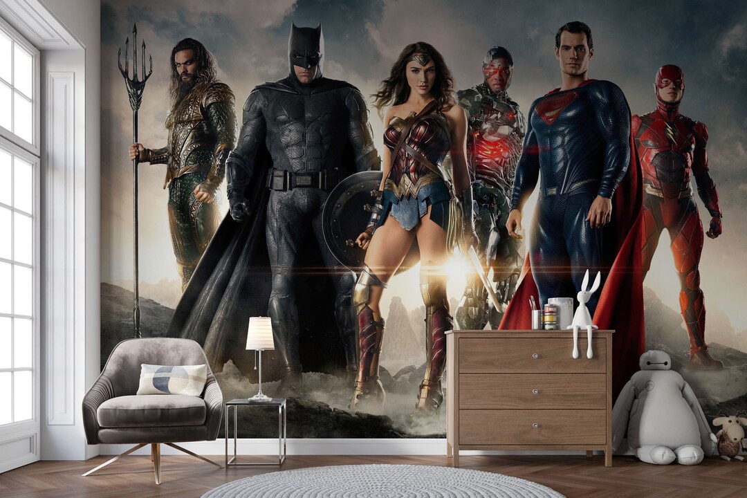 Justice League Mural: Peel and Stick Superhero Kid Room Wallpaper - Etsy