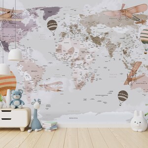 Kaartbehang | Schil en plak | Afneembaar | Muurschildering wereldkaart | Kinderkamerbehang | Kinderkamerdecoratie | Kinderbehang
